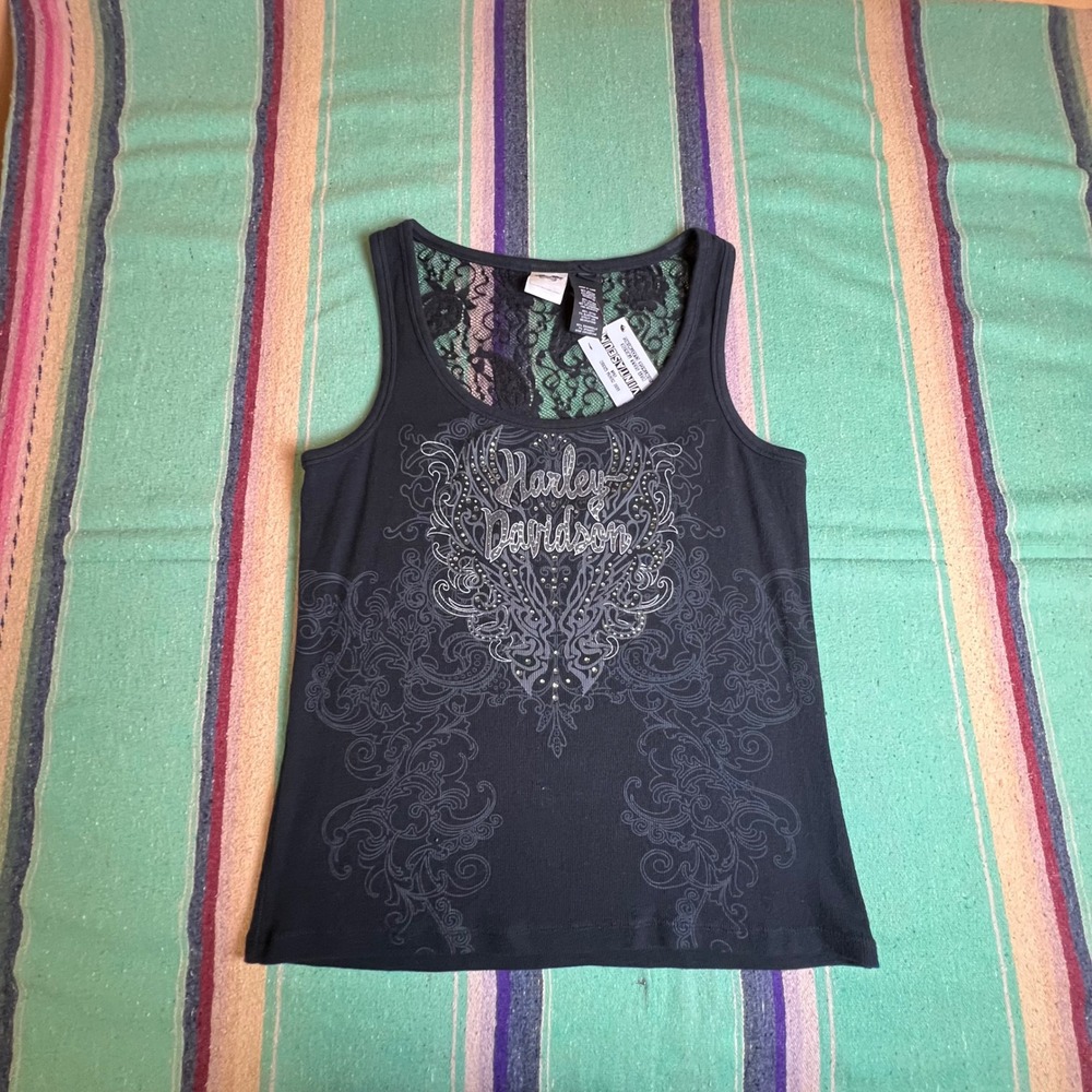 Harley Davidson Tank Top Womens Medium Black Lace Back Rhinestone Graphic Biker